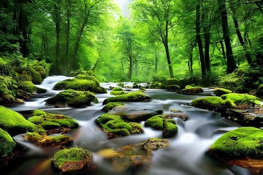 Beautiful 3D Nature and landscape wallpaper of a waterfall in a forest with sun ray