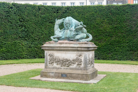 Copenhagen, Denmark - July 26, 2022: Lion and Horse (Loven og hesten) sculpture at The King's Garden.