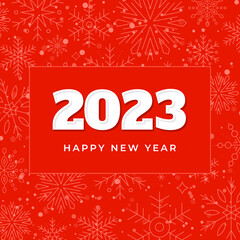 2023 New Year square greeting card or banner on red background with snowflakes