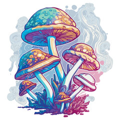 Mushroom vector illustration. Psychedelic trippy fungus. Organic magic hippie cartoon drawing.Groovy, 70's style element. Colorful art of natural plant. Poster of drugs. Peace and love movement.