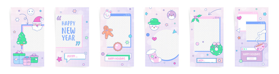 Christmas modern vaporwave vertical stories, retro cover template design set for poster, social post and stories banner. Gradient with Christmas decorations like snowman, penguin, Santa, gingerbread.