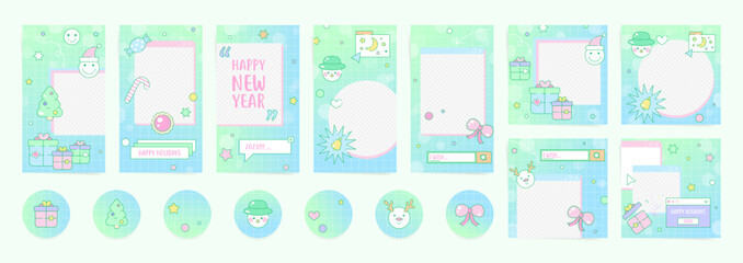 Modern vaporwave templates for social media promo and sale posts. Christmas and New Year elements like Christmas tree, gift, snowman, and retro computer window frames. Futuristic vector set.