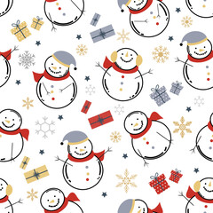Seamless pattern of cute snowman. Vector cartoon snowmen on white background. Snowman is smiling and happy. Design for wrapping, wallpaper, winter and new year design, fabric, textile