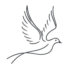 Dove minimal line art logo. Outline illustration design of bird flying. Isolated silhouette drawing