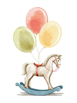 Watercolor vintage cute toy rocking horse animal with air rubber balloons on rope isolated on white background. Hand drawn illustration sketch