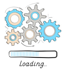 Gears rotates, loading progress bar vector style in doodle style. Load progress bar for UI. Upload status or download round process.