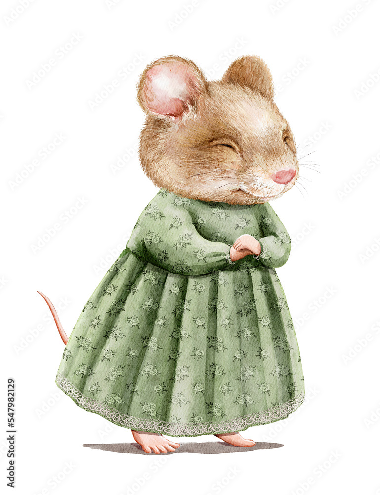 Wall mural Watercolor Christmas vintage girl mouse in green dress clothes isolated on white background. Hand drawn illustration sketch