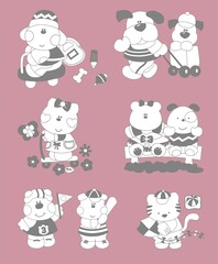 Set of pets, animals, tiger, little cat, puppies, cats, lion, giraffe, teddy bear, baby fashion, rapport print, confection,