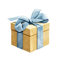 Watercolor gift box in the colors of the Ukrainian flag yellow with blue bow isolated on white background. Hand drawn illustration sketch