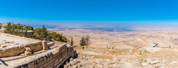 A view from the summit of Mount Nebo, Jordan towards the Jordan Valley and the Dead Sea below in...