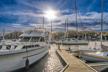 Fototapeta premium Brejning small harbor marina at Vejle Fjord, Denmark