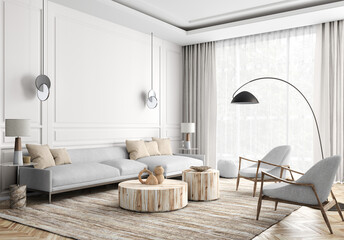 Modern interior design of cozy apartment, living room with white sofa, armchairs. Room with big window. 3d rendering