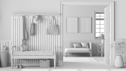 Total white project draft, farmhouse hallway and living room with frame mockup. Wooden bench, coat rack and sofa. Parquet floor, vintage interior design