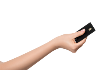 Plastic, credit, credit bank card in a female hand, isolated