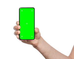Close-up of a man's hand showing a phone with a green screen, copy space.