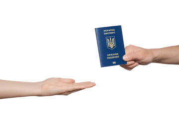 Ukrainian passport in hand, isolated