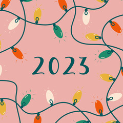 Happy New Year 2023 postcard with christmas lights, in retro vintage style