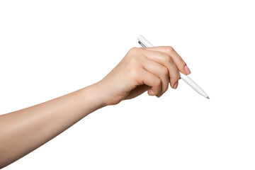 Woman's hand holding a white pen, isolated