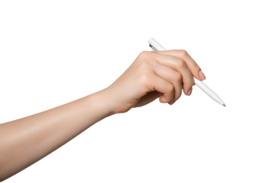 Woman's hand holding a white pen, isolated