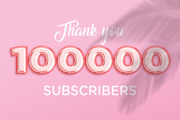 100000 subscribers celebration greeting banner with Rose gold Design