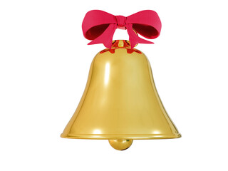 Golden metal bell  3D rendering with red bow , Christmas symbol, school bell, vintage bell isolated on a white background. Clipping path.