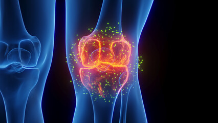 3D rendered Medical Illustration of Male Anatomy - Inflamed Knee undergoing Healing. Plain Black Background. - obrazy, fototapety, plakaty