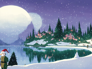 Fototapeta na wymiar winter landsape with houses and huge moon 
