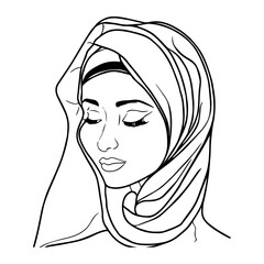 Beautiful arabic woman. Vector line art with boho elements. Minimal muslim woman drawing wearing a hijab. Outline sketch of hand drawn young happy woman. Concept of religion. Graphic  minimal face.