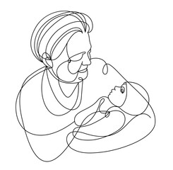 Grandmother and baby child grandson or granddaughter vector linear illustration isolated, grandma holding baby showing love and care.