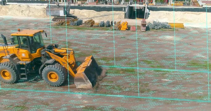 Modern bulldozer on a construction site with graphics. Modern bulldozer, modern technology visualization. Visualization of modern technologies in the construction industry.