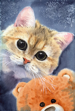 Watercolor illustration of a cute fluffy fawn cat with big black eyes holding an orange teddy bear