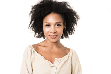 Portrait of a woman with curly hair on a transparent background