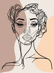 Beautiful black woman, line vector art. Drawing with boho elements colors.Elegant line art. Minimal silhouette. Fashion poster of a feminine face. Abstract human shape.  
