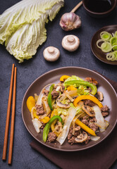 Keto diet dish - stir fry with minced beef and green vegetables. low carb food.