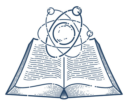 recommend clip art: Open book with atom vector linear icon, education and scientific physics literature library reading line art symbol or logo.