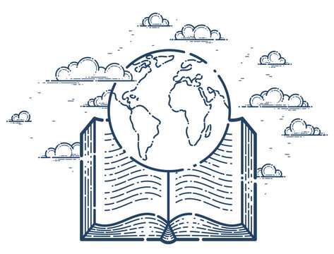 recommend clip art: Open book with earth planet vector linear icon, geography or travel literature line art symbol or logo.