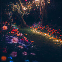 Field of blooming flowers in an enchanted garden with fairy lights