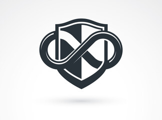 Shield with infinity symbol logo vector, ammo protection symbol, antivirus or sport theme, insurance or guarantee.
