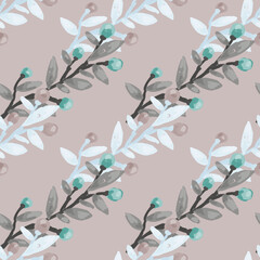 Seamless pattern with berry branches. Hand drawn wild berries floral wallpaper.