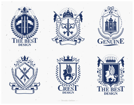 Old style heraldry, heraldic emblems, vector illustrations. Coat of Arms collection, vector set.