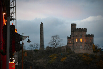 view on monuments from the street in edinburgh