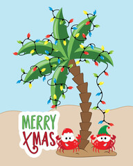 Merry Xmas - funny cartoon greeting card. Crabs in island and palm tree with christmas lights. Good for greeting crad, poster, label postcard, and other decoration for Christmas.