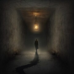 Silhouette of man in dark tunnel. Illustration about depression. Made by AI.