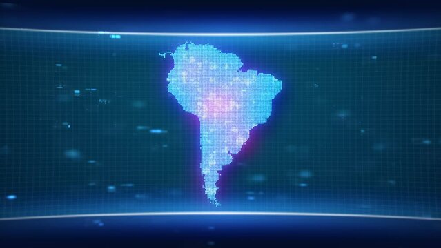 South America map glowing blue silhouette outline made of lines dots triangles, low polygonal shapes. Communication, internet technologies concept. Wireframe futuristic design