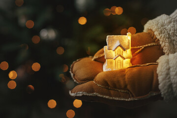 Merry Christmas and Happy Holidays! Hands in gloves holding little glowing house on background of...