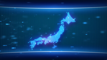 Obraz na płótnie Canvas Japan map glowing blue silhouette outline made of lines dots triangles, low polygonal shapes. Communication, internet technologies concept. Wireframe futuristic design