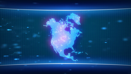 North america map glowing blue silhouette outline made of lines dots triangles, low polygonal shapes. Communication, internet technologies concept. Wireframe futuristic design