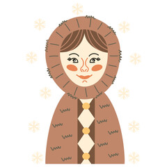 Portrait of a cute eskimo girl in a fur coat.