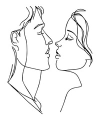 Line art of a man and a woman about to kiss. Continuous line. Graphic art of romantic love. Couple relationship. Happy doodle together. Outline contour of portrait. Illustration of lovers. Minimal.