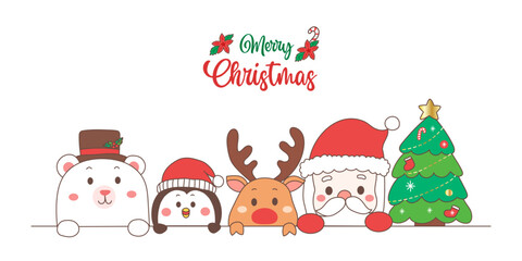 cute Christmas cartoon Santa Claus, reindeer, Christmas tree, polar bear and penguin.